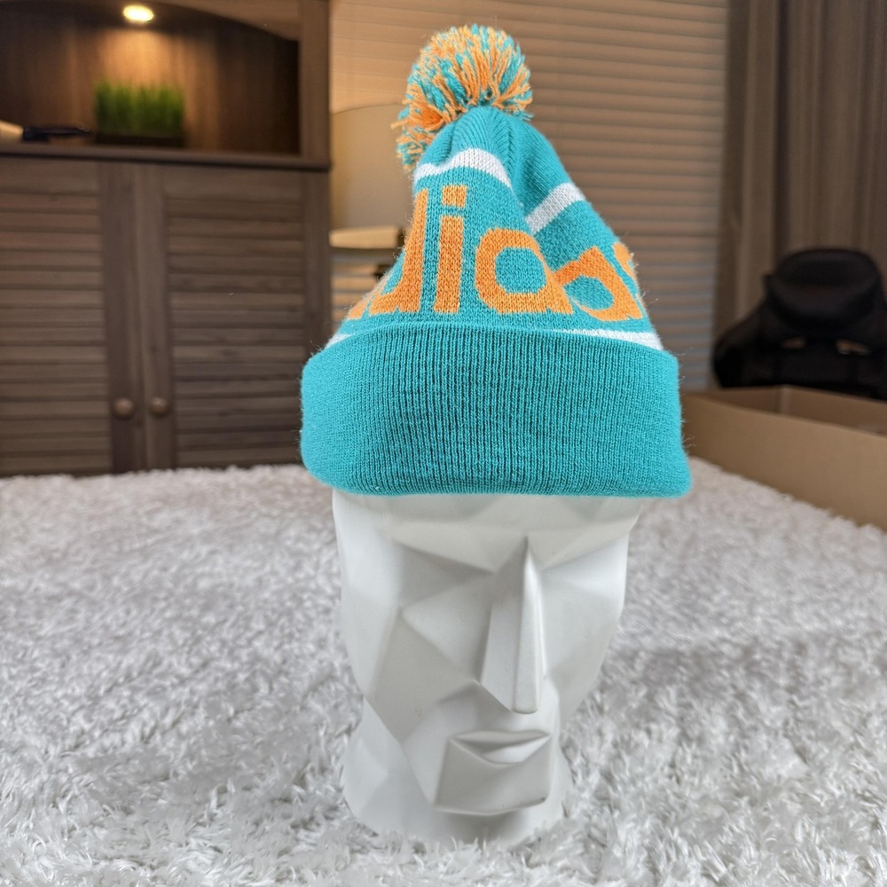 Adidas Originals Hat Beanie Pom Ski Teal Orange Knit Trefoil Winter Outdoors Y2K - Picture 4 of 9